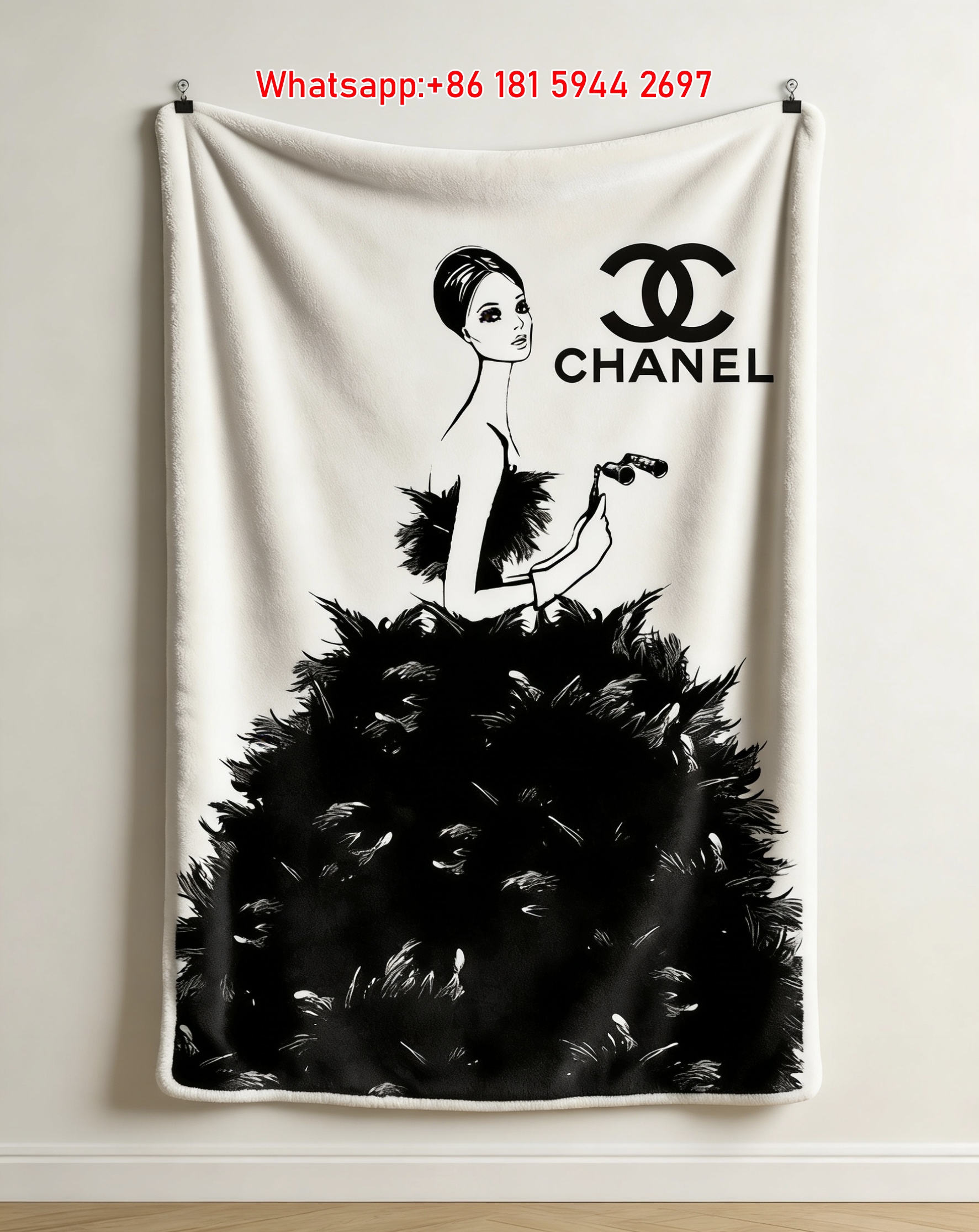 Chanel Feather Gown Fashion Illustration Flannel Sofa Throw Blanket IMG_6768